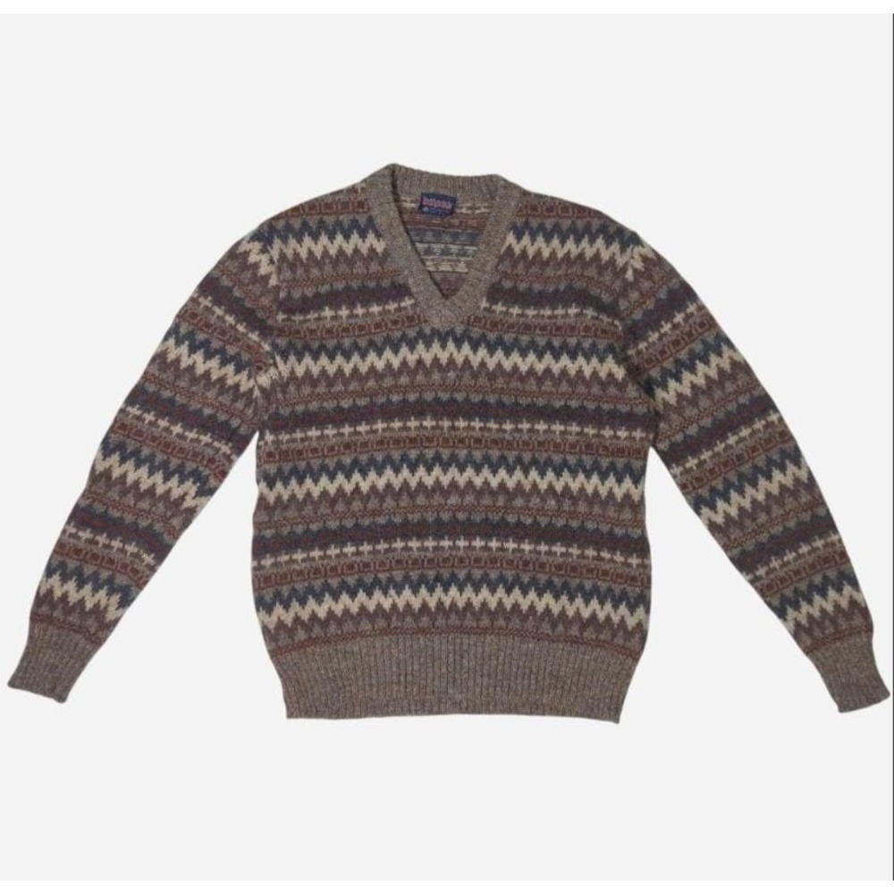 Vintage Fair Isle Wool Sweater: Brown, Neutral‎ Tones, V-Neck Knit
